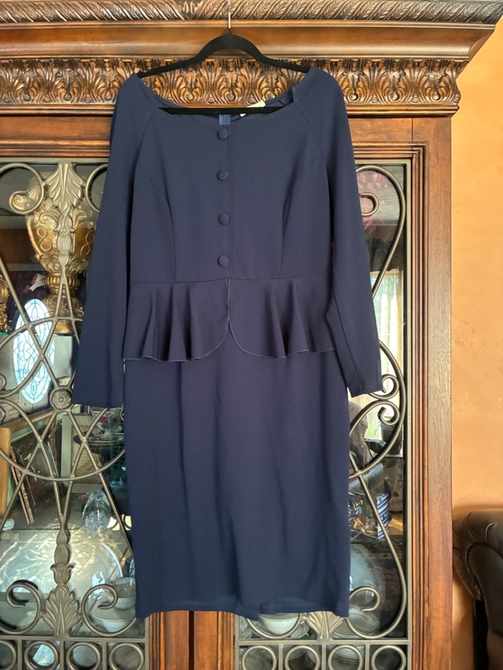 Elegant Navy Peplum Midi Dress - Classic Sophistication